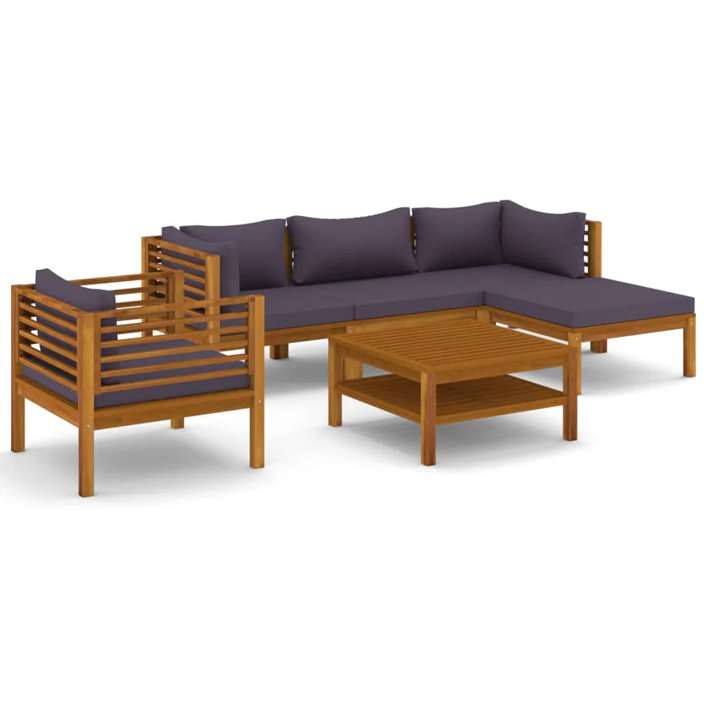 Conjunto lounge de jardín Kerstin de acacia maciza con cojines y mesa de comedor